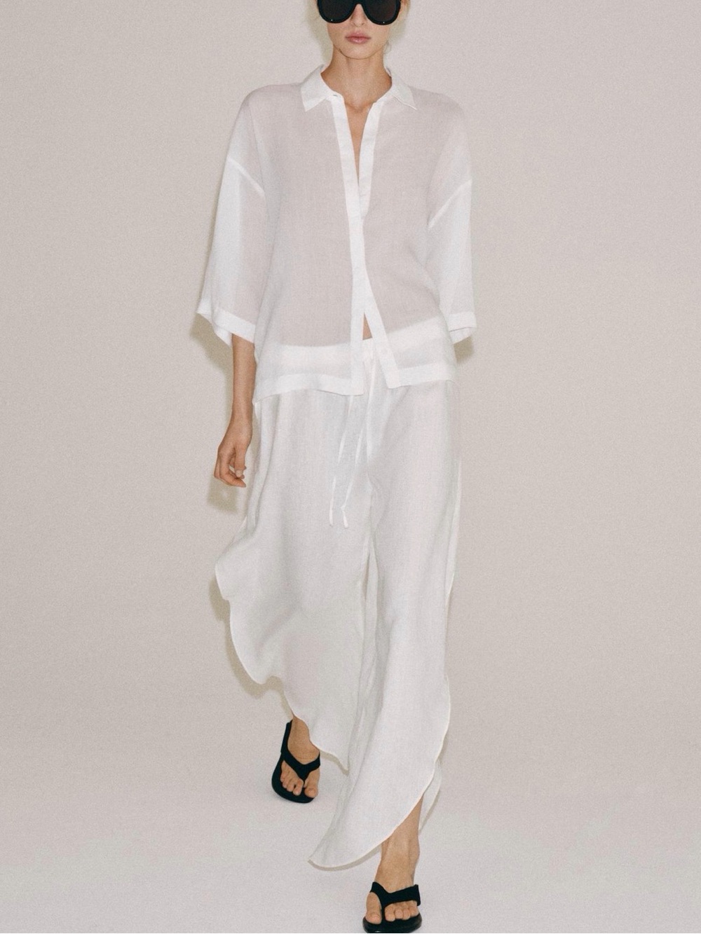 Zara White 100% Linen Vented Pants